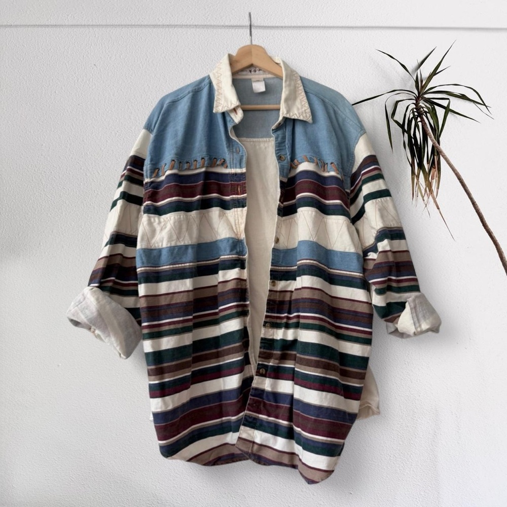 Vintage Oversized Western Striped Button Down Shirt